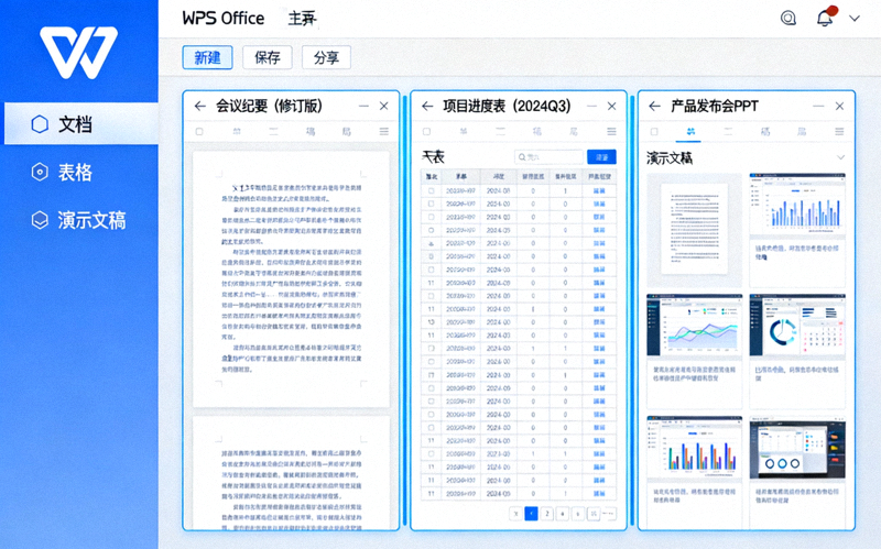 WPS Office 软件界面展示 - 文档、表格、演示文稿多窗口协同工作